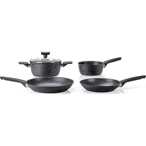 Batteria di Pentole 5 Pezzi Antiaderente Induzione in Alluminio Effetto Pietra Moneta Magnolia Stone Black (1/5)