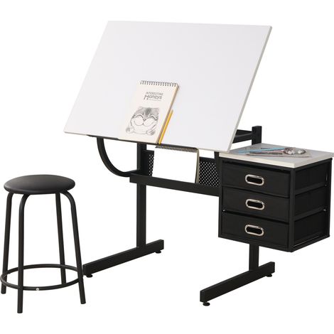Verstellbarer Zeichentisch 90 x 60 cm in Weiß mit Hocker und 3 Schubladen MODENUIT (1/5)