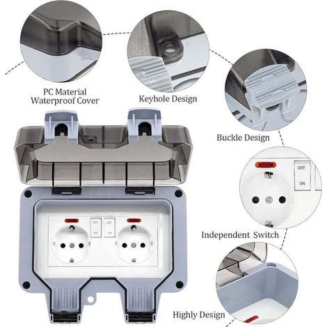 UlisemPrise Exterieure Etanche IP66 Double Prise de Courant et Volet de Protection Multiprise Electrique Murale de Jardin, Prise Anti-Poussière et Coupe-Vent avec Interrupteur, Voyant Lumineux - RWAut (1/4)