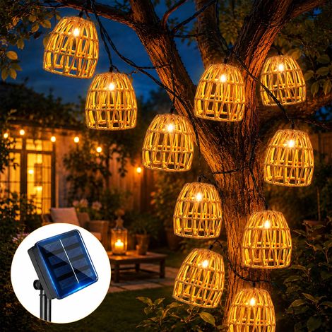 Lot de 10 guirlandes lumineuses solaires d'extérieur - Lampions solaires LED en rotin - Guirlande lumineuse d'extérieur - Lampes solaires pour balcon, jardin, extérieur (1/5)