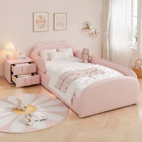 Kinderbett 90 x 200 cm aus PU, rosa, mit Bären-Kopfteil, Nachttisch und Schublade HAVRYA (1/5)