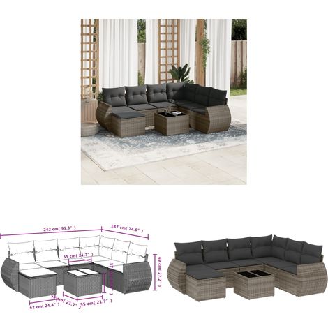 Salon de jardin 8 pcs avec coussins gris résine tressée - Ensemble Salon De Jardin - Mobilier De Jardin - Salon D'extérieur - Résine Tressée - Rotin Synthétique - Home & Living (1/3)