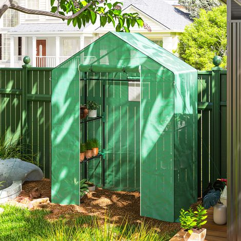 Serra con ripiani, mini serra, resistente ai raggi UV, finestre in rete, porta con cerniera, 143L x 74W x 190H cm, verde