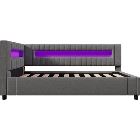 Cama diván 90 x 200 cm gris de lino y MDF con LED, almacenaje hidráulico, USB y Type-C (1/5)