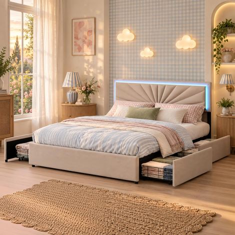Lit avec tiroirs 160x200 cm, Lit double avec sommier, lumineuse LED, Coffre Lit Rembourré en lin Beige - Hauteur de tête de lit réglable (1/5)