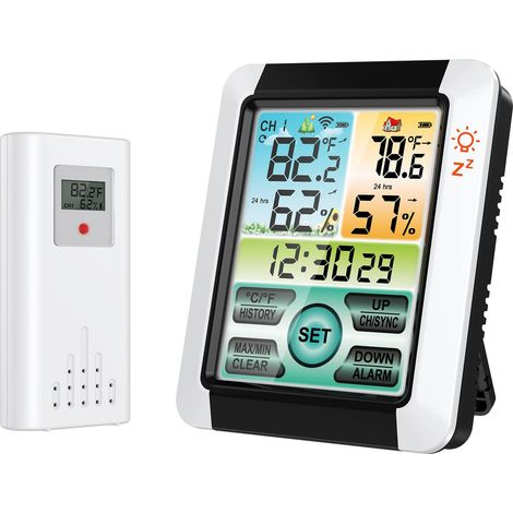 Station météo numérique, horloge, prévisions météo, baromètre, thermomètre et hygromètre avec capteur extérieur sans fil, avec 1 capteur (1/5)