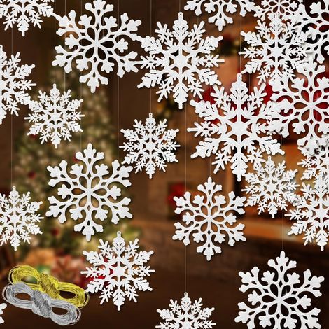 36 Stück weiße glitzernde Schneeflocken-Ornamente, Kunststoff-Deko in versch. Größen für Weihnachtsbaum, Fenster & Türen