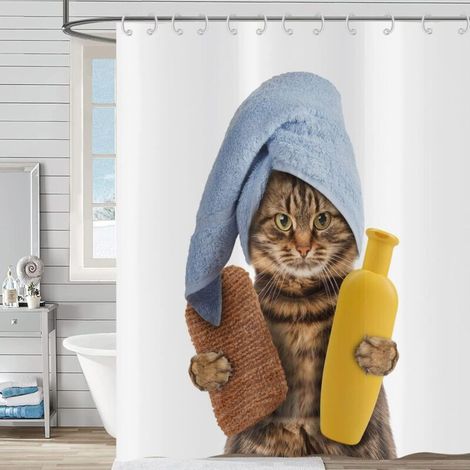 180x180cm Rideau de douche Drôle de chat , Hnmdmyi Mignon chat brun avec shampooing éponge de bain et serviette bleue Rideau de baignoire Enfants Cartoon étanche en tissu polyester lavable Ride (1/5)