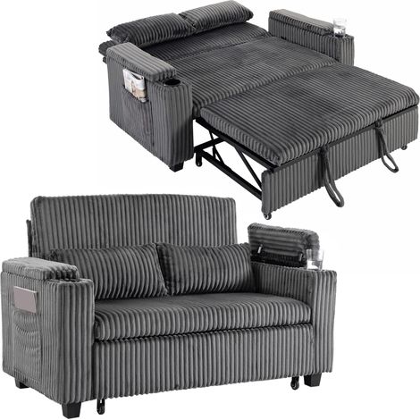HOMCOM 2 Seater Sofa Bed, 3-in-1 Corduroy Pull Out Sleeper Sofa, Dark Grey (1/5)
