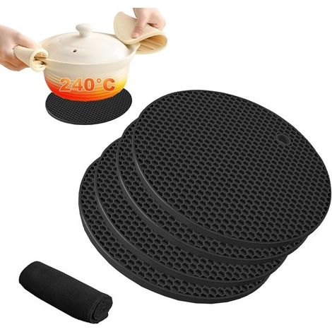 4er-Set Silikon-Untersetzer / Topfuntersetzer (18 cm, 6 mm), hitzebeständig bis 240 °C, rutschfest und spülmaschinenfest, Schwarz (1/5)
