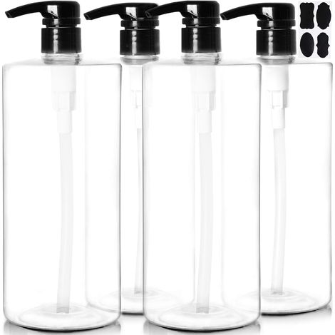 Juego de 4 botellas de champú con dosificador de 1 litro, botellas de plástico vacías con dosificador de 1000 ml, botellas dispensadoras negras con dosificador superior. (1/4)