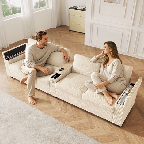 Modulares Cord Sofa 4-Sitzer Beige mit Stauraum und USB/USB-C Ladefunktion, Modernes Wohnzimmer Sofa mit klappbarer Armlehne, 299x80x82.7 cm (1/5)