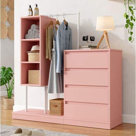 Kleiderschrank 100x40x135 cm Rosa-Weiß aus Spanplatte und Metall mit 4 Schubladen und Kleiderstange (1/5)