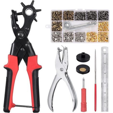 Pince Perforatrice en Cuir Rotative avec 6 Poinçon 2-2,5-3 - 3,5-4 - 4,5 mm Pince Parfait pour Ceintures, Travaux Manuels + 240 PCS Rivets en Cuir Rivet à Double Capuchon (1/5)