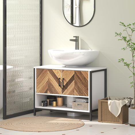 Meuble sous-évier à 2 portes et compartiment ouvert pour évier avec ou sans colonne, 80 x 40 x 60 cm, crème et noyer