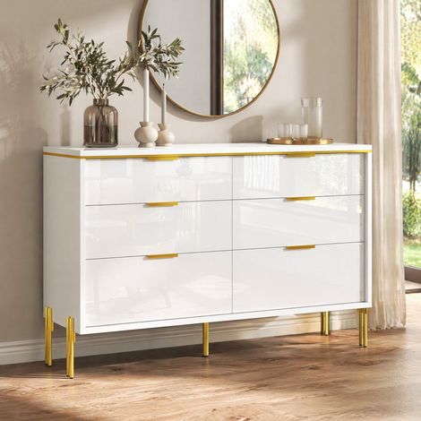Buffet à 6 tiroirs, 120 x 40 x 85,5 cm, façades brillantes, blanc/or HAVRYA (1/5)