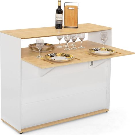 Idmarket – Meuble bar extensible 2 personnes – Longueur 113 cm – Largeur 40-76 cm – Hauteur 95 cm – Plateau bois naturel – Rangement avec tiroir et placards