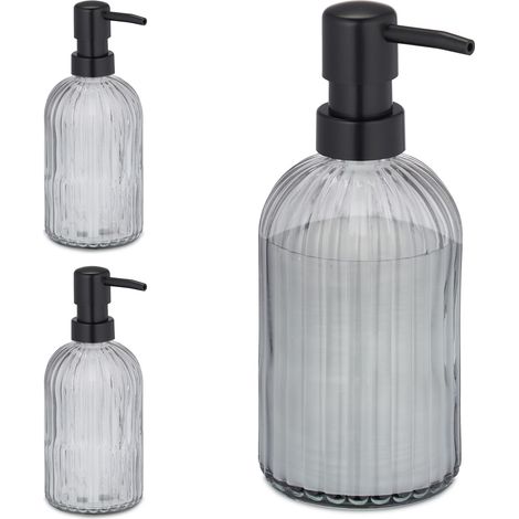 Relaxdays Glass Soap Dispenser, Set of 3, Pump Head, Refillable, Bathroom & Kitchen, Liquid Container, 400 ml, Black