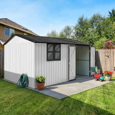 Abri de jardin en métal 362 x 285,5 cm, 10,34 m², abri à pignon résistant aux intempéries avec porte, serrure et fenêtre, abri de rangement extérieur pour jardin, terrasse et cour, Blanc-noir (1/5)