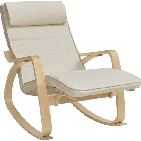 Poltrona Reclinabile A Dondolo In Legno E Metallo Con Poggiapiedi Regolabile 5 Posizioni Seduta Imbottita Sfoderabile Per Balcone Giardino Interno Esterno 121.5 x 55 x 84 Cm Beige (1/5)