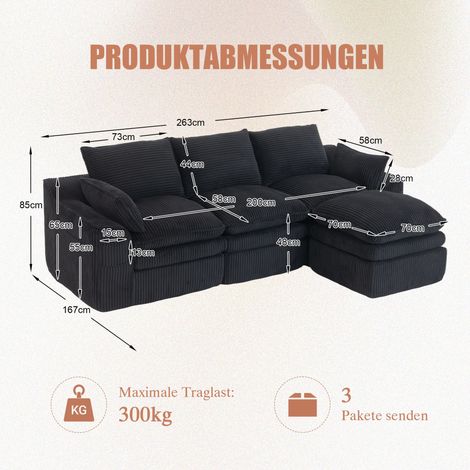 Modulares Ecksofa aus Samt in Schwarz 263 x 167 x 85 cm HOMAIRE (1/5)