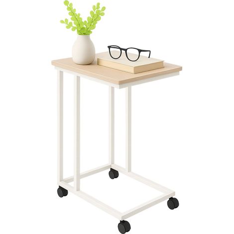 Mesa auxiliar Relaxdays con ruedas, HBT: 68 x 50 x 35 cm, MDF, metal, forma C, mesa de sofá marrón/blanco