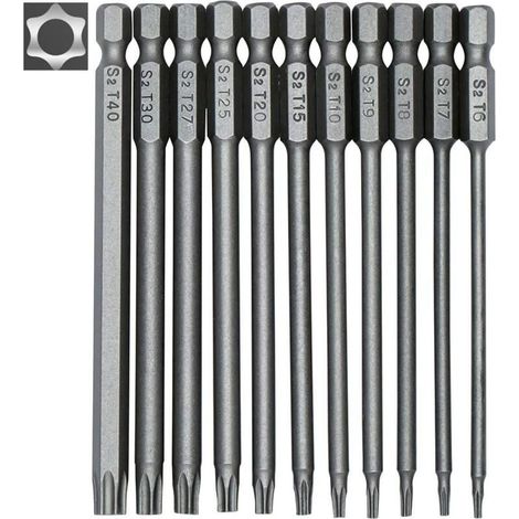 Jeu de 11 embouts longs Torx pour tournevis et visseuse électrique - Embouts magnétiques - Tige hexagonale de 1/4" - Tailles T6 à T40 - Longueur 100 mmAIPERQ (1/5)