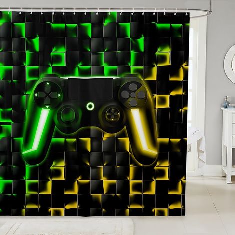 Jeu 180x200cm Rideau Douche Enfants Garçons Console de Jeu Rideau de Douche 3D Néon Ombre Géométrique Tartan Poignée de Jeu Rideau de Bain Léger Console de Jeu Rideau de Baignoire,Or Vert - 180L X 200 (1/5)