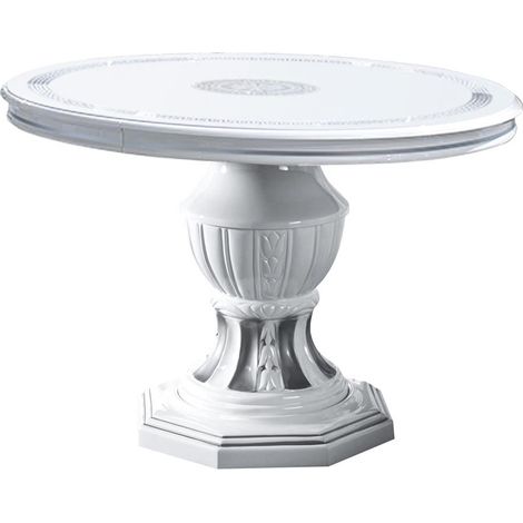 Table à manger ronde extensible bois vernis laqué brillant blanc et gris Vinza 110 à 160cm