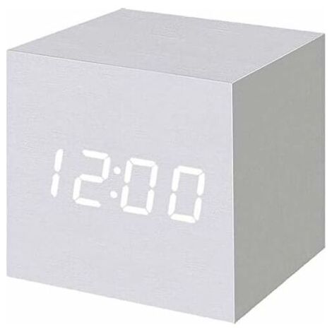 Wooden LED Digital Alarm Clock, Digital Cube Clock with Date and Temperature Display, USB/Battery Operation (White) (1/5)