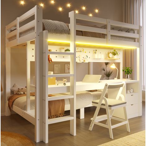 Letto a castello 205x151x170 cm con scrivania integrata, cassetti, pannello forato, LED, pino e MDF bianco (1/5)