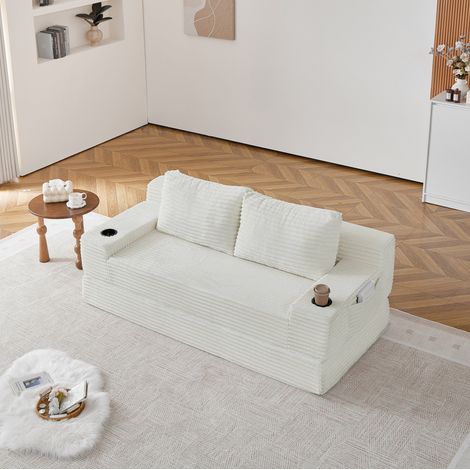 Schlafsofa, 2 in 1 Klappbett, Getränkehalter, seitliche Staufächer, Cord, Beige (1/5)