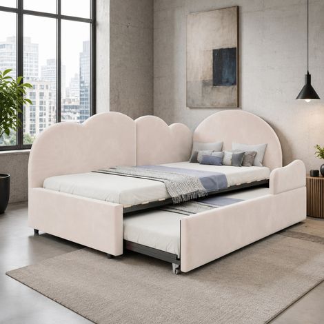 Letto imbottito a L con letto estraibile 90 x 200 cm beige e testiera a nuvola (1/5)