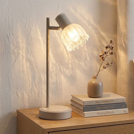 Lampe de table, lampe d'appoint, lampe de chevet, motif floral, verre couleur sable, orientable, aspect bois (1/5)