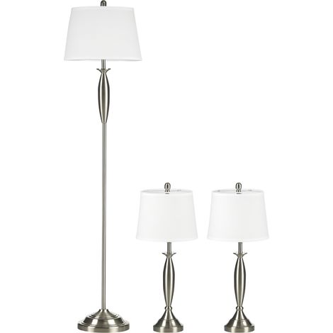 HOMCOM 3-teiliges Stehlampen-Set inkl. 1 Stehleuchte, 2 Tischleuchten, Tischlampen-Set mit E27 Fassung, Fußschalter Standlampe Leselampe für Wohnzimmer, Schlafzimmer, Silber+Weiß