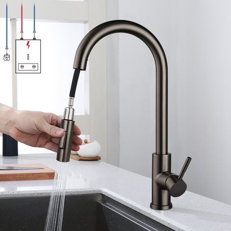 Mitigeur cuisine inox 2 modes 360° pivotant avec douchette, robinet haut arc pour chauffe-eau, installation facile (1/5)