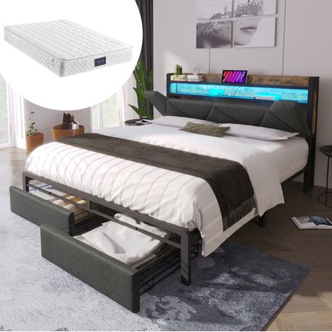 Lit avec tiroirs 160x200, LED, USB gris HAVRYA (1/5)