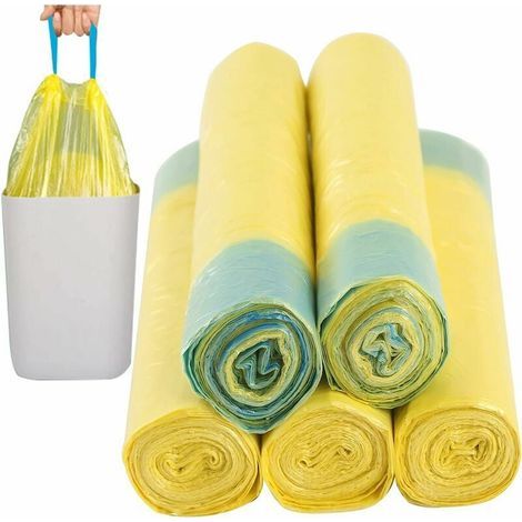 Sacs à ordures 10L-15L Jaune Sacs avec poignée Cordon Sacs à ordures Sacs à ordures avec cordon de serrage 75 pièces Nouveau matériel pour cuisine salon bureau ménage jardin (45cm X 50cm/18\'\'x20\'\' (1/4)