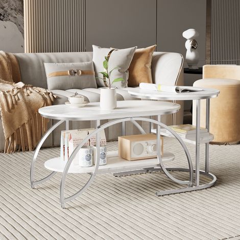 Set di 2 tavolini da salotto gigogne - tavolino da divano - piano in marmo testurizzato - supporto geometrico in metallo - per soggiorno e ufficio - Argento