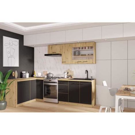 MODENA - Cuisine complete - 210 x 150 x 82 cm - Chene artisan / Noir mat - Plan de travail non inclus (1/5)