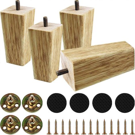 Ensemble de 4 pieds de meubles en bois massif de 4 pouces, pieds de canapé carrés en bois, adaptés aux bureaux, armoires, bancs, coiffeuses, chaises, rehausseurs de bibliothèque, 4 pouces. (1/5)
