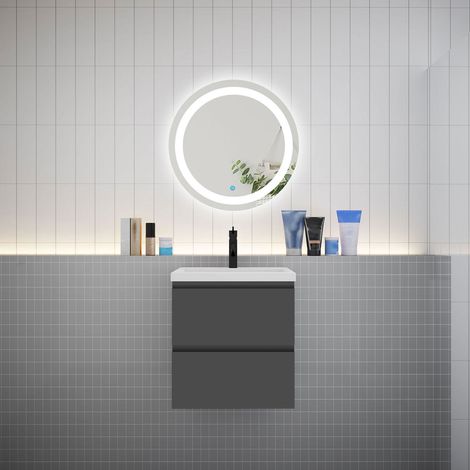 Ensemble meuble vasque L.50cm 2 tiroirs + lavabo + LED miroir rond 60cm,anthracite，easy (1/5)