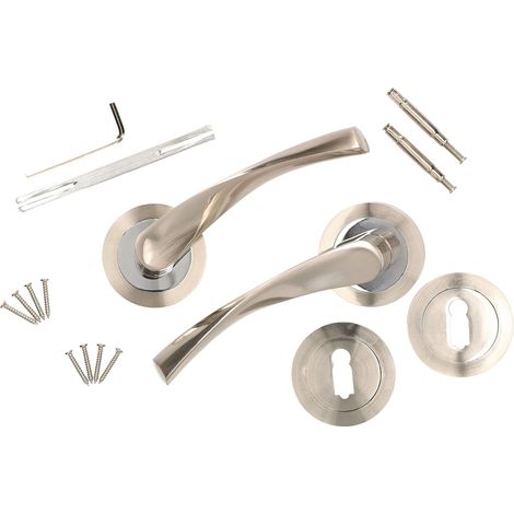 Maniglia per porta con chiave, placca rotonda satinata, 130 mm (1/5)