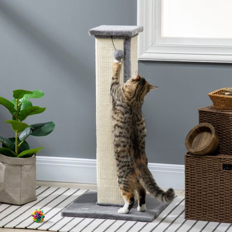 Griffoir pour chat avec balle, poteau en fibre naturelle et housse en tissu doux, 41x41x81 cm, couleur grise (1/5)