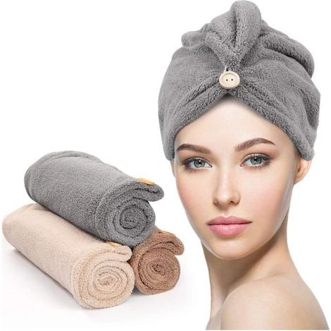 BelleRise - Un ensemble de 3 serviettes pour les cheveux comprend une serviette à boutons et une serviette en microfibre super absorbante. (1/5)