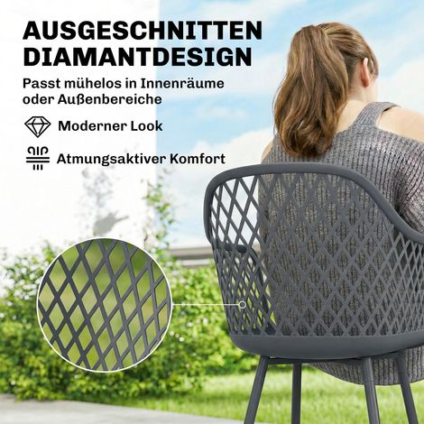 Set 4 chaises de jardin en plastique résistant aux UV, avec accoudoirs et dossier, dimensions 56 x 51 x 84 cm, gris foncé (1/4)