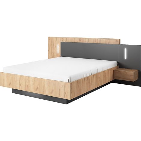Lit avec chevets 160 x 200 cm - 2 tiroirs - Avec LEDs - Coloris : Naturel et anthracite + Sommier + Matelas Confort - FRANCOLI (1/4)