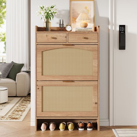 Meuble à chaussures 65 x 25 x 106 cm, armoire de rangement, 2 tiroirs, façades tressées, panneaux de particules, bois naturel (1/5)