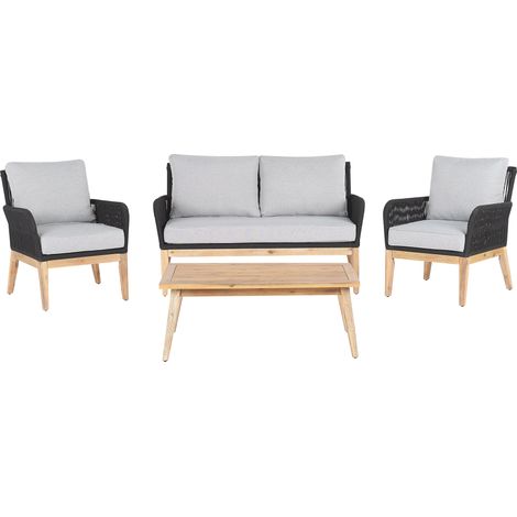 Conjunto de jardín 4 plazas de madera de acacia ratán mesa de centro cojines grises moderno exterior Merano II