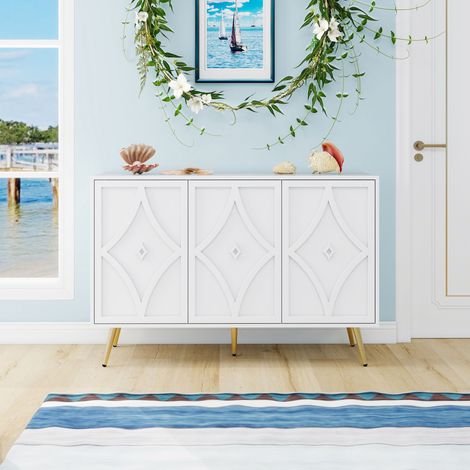 Buffet trois portes, blanc, orné de motifs sculptés en 3D, pieds en métal doré, style moderne, dimensions : 120 × 40 × 80 cm (1/5)